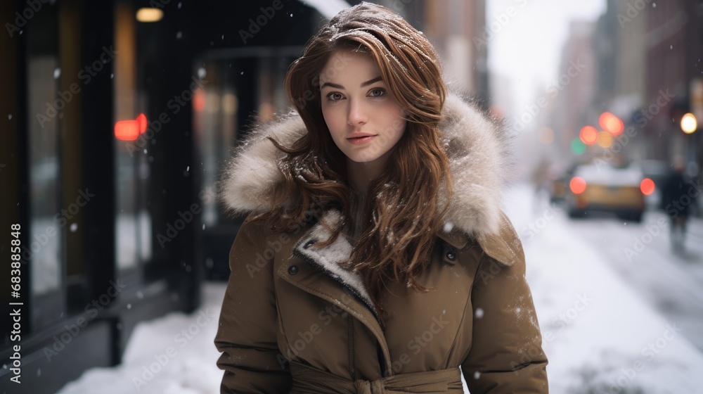 Red-haired young woman with snow in her hair, wearing a winter parka with a fur-lined hood, stands on a snowy urban street with soft-focus city lights and falling snow, exuding warmth amidst the chill Red-haired young woman with snow in her hair, wearing a winter parka with a fur-lined hood, stands on a snowy urban street with soft-focus city lights and falling snow, exuding warmth amidst the chill
