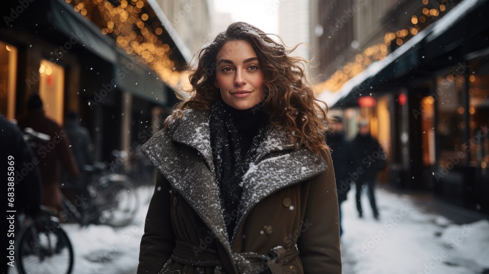 A curly-haired woman with a beaming smile stands in a snow-dusted city street, warmly dressed in a winter coat and scarf, with festive lights behind her.