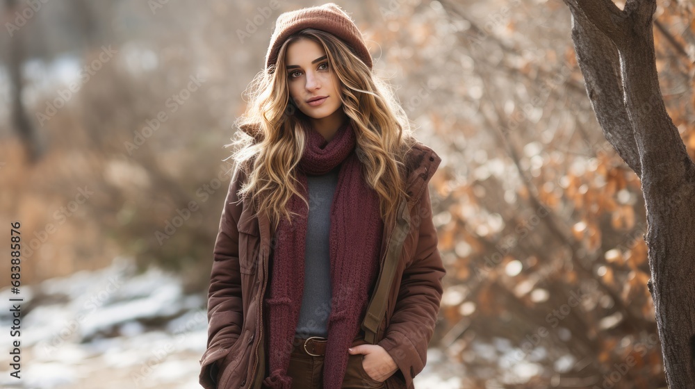 An elegantly dressed young woman in a brown winter coat and a maroon knit scarf stands against a natural autumnal backdrop, her hair beautifully styled in loose waves. An elegantly dressed young woman in a brown winter coat and a maroon knit scarf stands against a natural autumnal backdrop, her hair beautifully styled in loose waves.