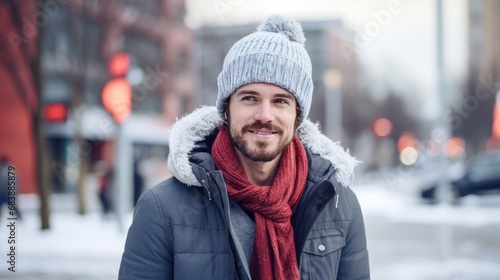 A man wearing a gray beanie and red scarf gives a friendly smile, dressed for winter with a coat featuring a fur-lined hood, on a snow-lined city sidewalk.