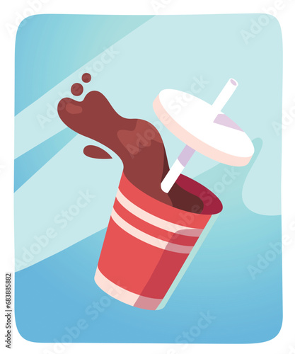 Takeaway cola drink in disposable cup with straw. Fresh cold soda soft drink beverage with splash sticker. Unhealthy fast food refreshment fizzy liquid, cafe menu background flat vector illustration