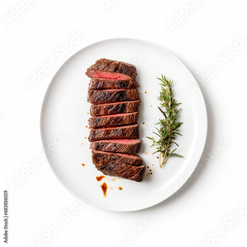grilled beef steak on plate on white background