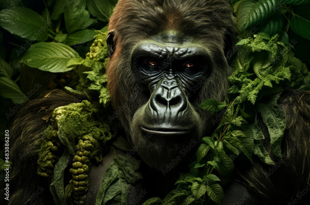 Textured Gorilla leaves animal. Face safari. Generate Ai