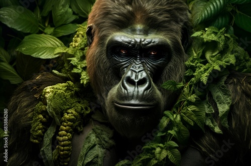 Textured Gorilla leaves animal. Face safari. Generate Ai