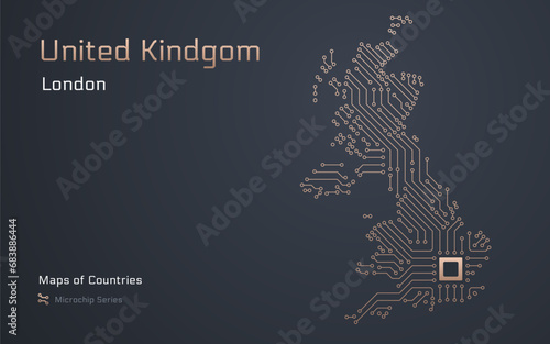 United Kingdom, Great Britain Map with a capital of London Shown in a Microchip Pattern. E-government. World Countries vector maps. Microchip Series