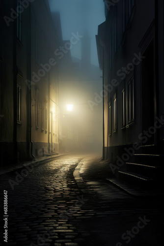 Foggy alley with a street light in the distance. Generative Ai