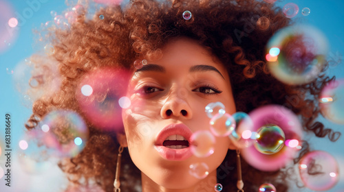 Portrait of a young woman with curly hair  a lot of soap bubbles. A girl blows soap bubbles  close-up  birthday party. Selective focus. Colorful portrait of a girl