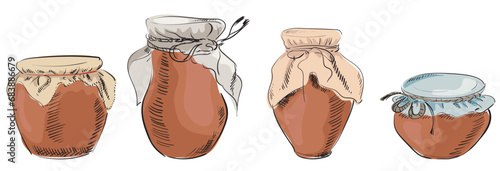 Ceramic jug with milk sour cream yogurt covered with a clean cloth. Country farm natural product. Drink container. Vector illustration.