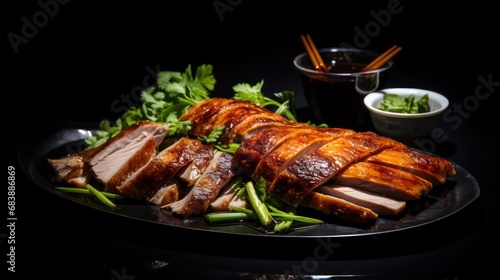 
 crispy traditional chinese peking duck on black  glass surface  table photo