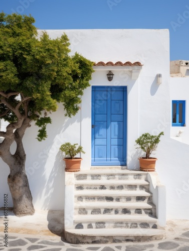 an old building with blue front doors