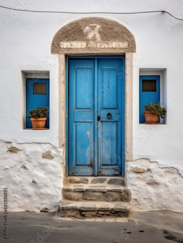 an old building with blue front doors