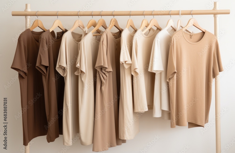 beige, gold, taupe and black clothing hangs on a wall beige, gold, taupe and black clothing hangs on a wall