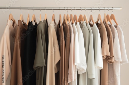 beige, gold, taupe and black clothing hangs on a wall © olegganko