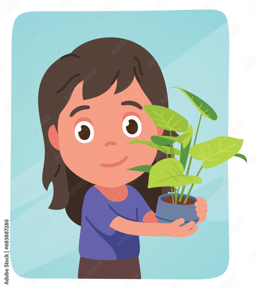 Happy florist girl kid growing pot plant sticker. Smiling child person holding caring about potted philodendron houseplant. Floral home decoration, gardening hobby, botany flat vector illustration Happy florist girl kid growing pot plant sticker. Smiling child person holding caring about potted philodendron houseplant. Floral home decoration, gardening hobby, botany flat vector illustration