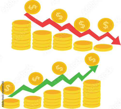 set of coins with yen euro rupee dollar sign
yen euro rupee dollar Exchange Rate Weakening And Strengthening With Red Green Graphic Arrows 
