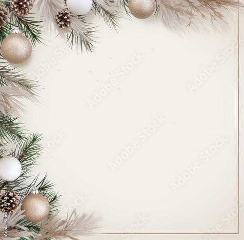 christmas ornaments on frame with pine branches on beige wall, png pictures