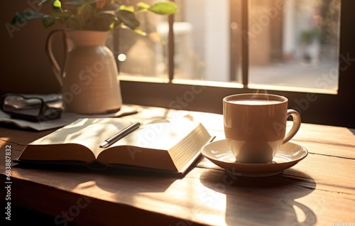 cup of coffee on the table near books and writing tablets,