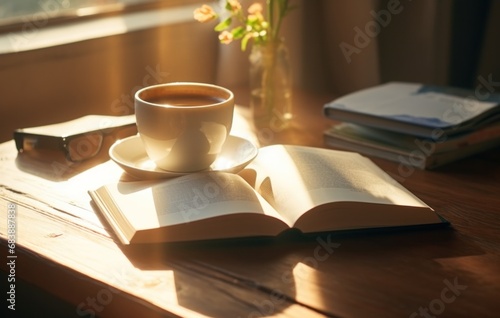 cup of coffee on the table near books and writing tablets,