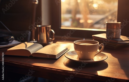 cup of coffee on the table near books and writing tablets,