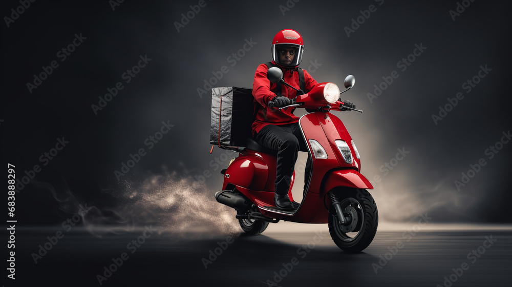 Person on scooter delivering shopping packages orders for customers. Fast and reliable express service. Person on scooter delivering shopping packages orders for customers. Fast and reliable express service.