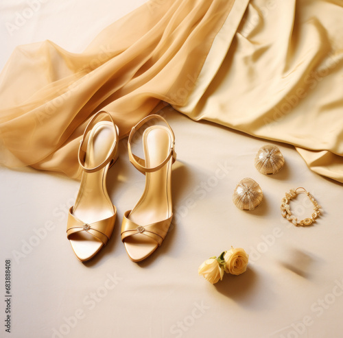 gold slip, gold sandals and gold earrings,