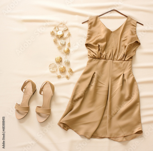 gold slip, gold sandals and gold earrings,