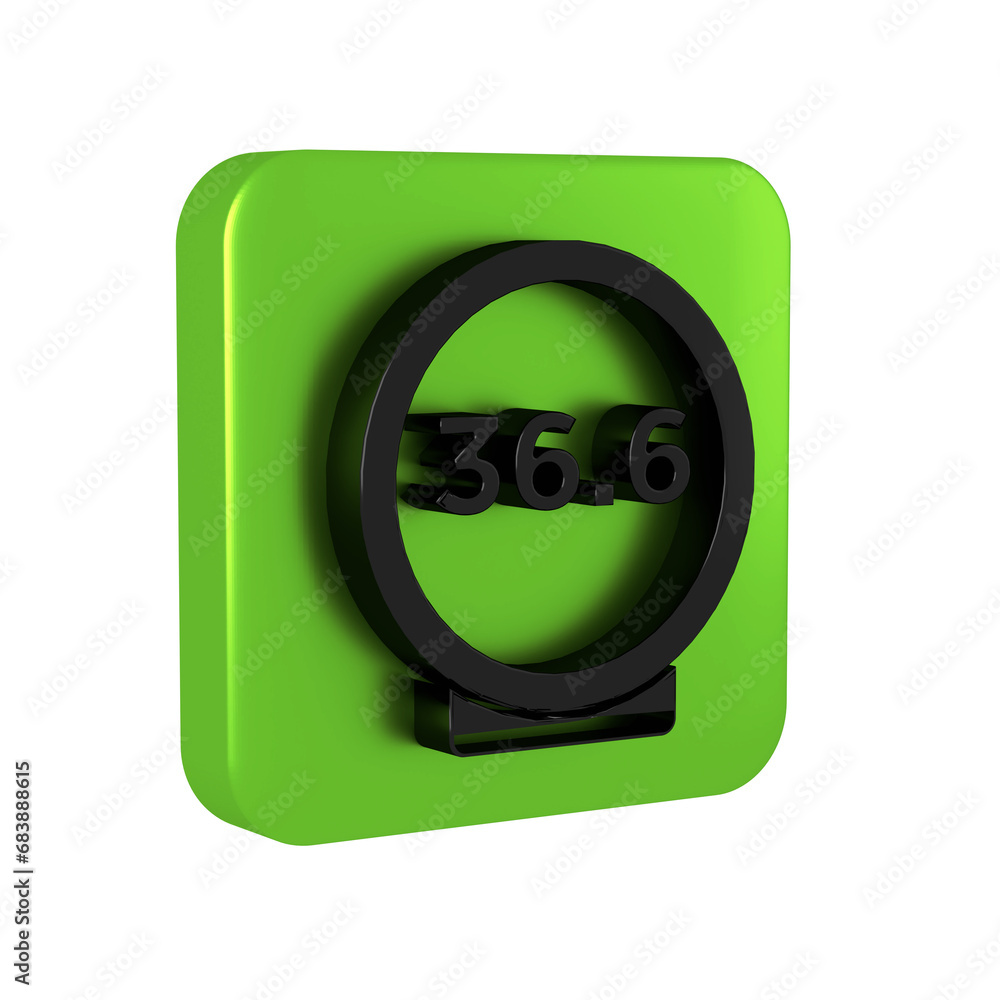 Black Medical thermometer showing normal temperature icon isolated on transparent background. Green square button. Black Medical thermometer showing normal temperature icon isolated on transparent background. Green square button.