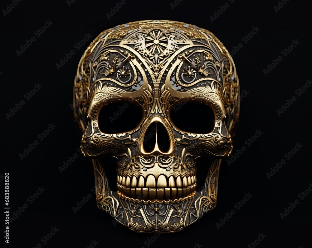 Gold detailed patterned skull on a dark background Gold detailed patterned skull on a dark background