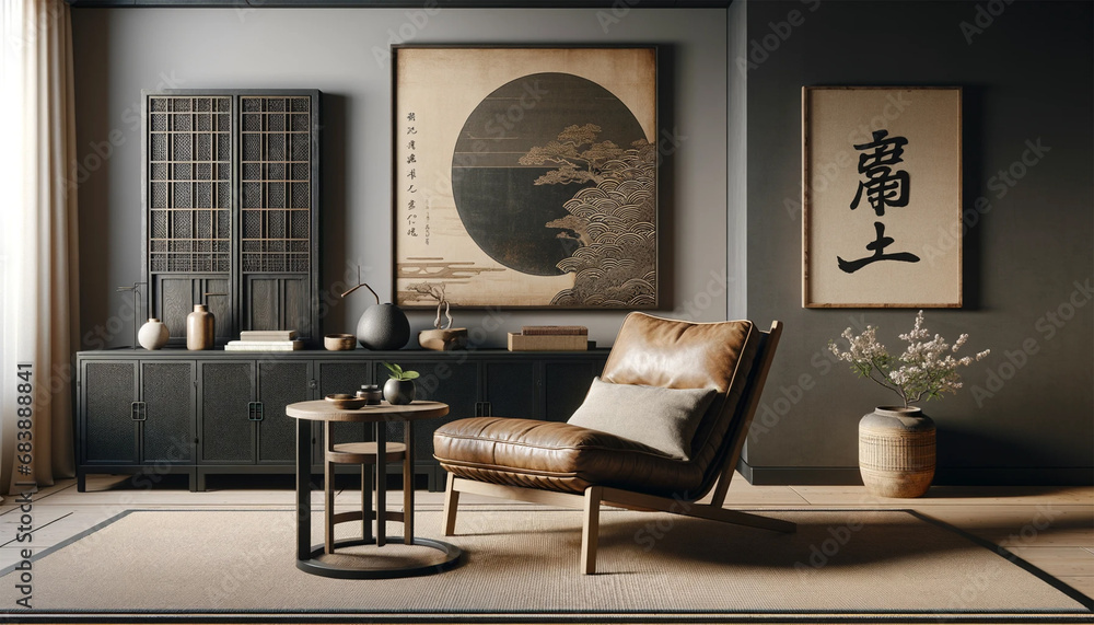 A leather chair near a rustic wooden coffee table against a black cabinet and a decorative stucco poster, depicting Japanese style. A leather chair near a rustic wooden coffee table against a black cabinet and a decorative stucco poster, depicting Japanese style.
