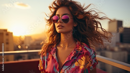 Fashion Models on Rooftop Photoshoot Capturing Vibrant Urban Sunset