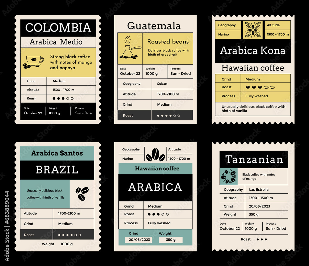 Coffee label mockup set. Food package cover designs. Caffeine roasted beans packaging. Vintage pack labels emblem with minimalistic graphic grid layout. brand tags