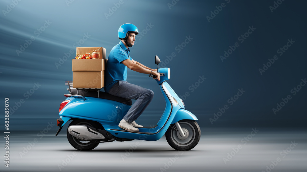Person on scooter delivering shopping packages orders for customers. Fast and reliable express service.