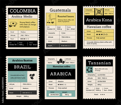 Obraz na płótnie Coffee label mockup set. Food package cover designs. Caffeine roasted beans packaging. Vintage pack labels emblem with minimalistic graphic grid layout. brand tags w salonie