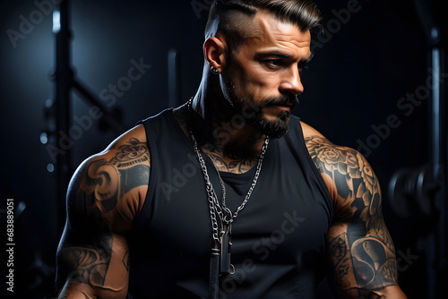 portrait of a man. Man with muscular tattooed body on black background. photo