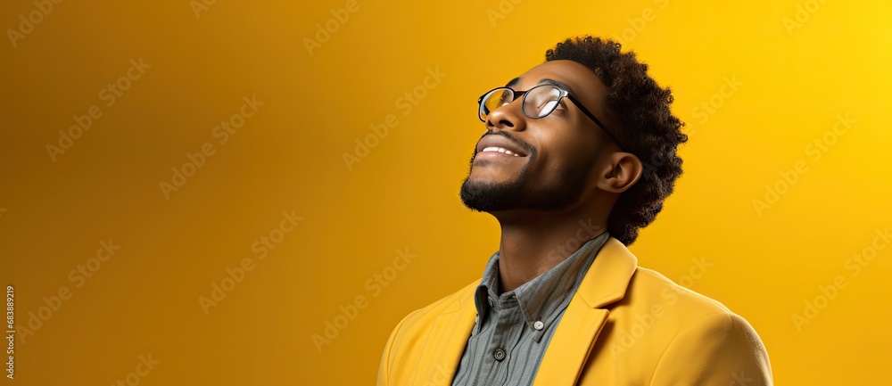 An African young man smiles happily on a yellow background and looks up. Generated by AI. An African young man smiles happily on a yellow background and looks up. Generated by AI.