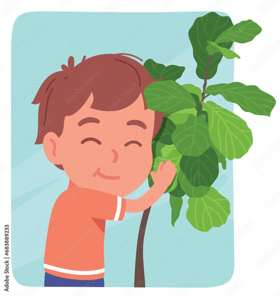 Happy boy kid growing plant sticker. Smiling child person caring about fiddle leaf fig domestic houseplant. Natural floral home decoration, gardening hobby, nature, botany flat vector illustration Happy boy kid growing plant sticker. Smiling child person caring about fiddle leaf fig domestic houseplant. Natural floral home decoration, gardening hobby, nature, botany flat vector illustration