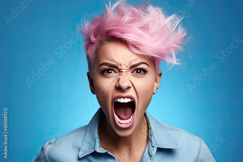 A young girl with curly hair angrily shakes her fists and looks at the camera. Generated by AI. © index74