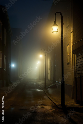Foggy alley with a street light in the distance. Generative Ai