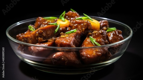 tangy traditional filipino adobo food on transparent bowl 