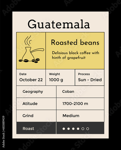 Coffee label mockup. Food package cover design. Caffeine roasted beans packaging. Vintage pack label emblem with minimalistic graphic grid layout. brand tag