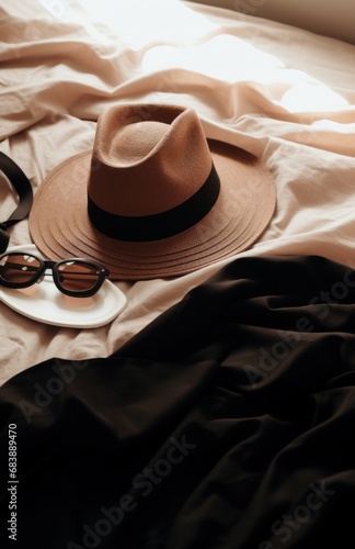 hat and sunglasses laid out on bed,