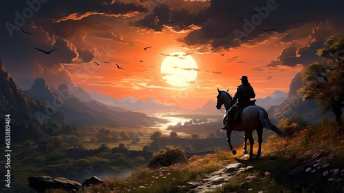 Equestrian Rider Traverses Countryside Trail at Sunset