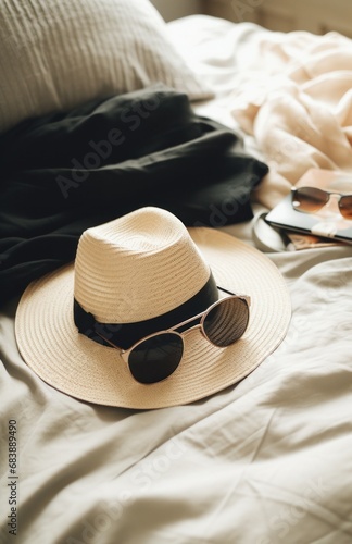 hat and sunglasses laid out on bed,