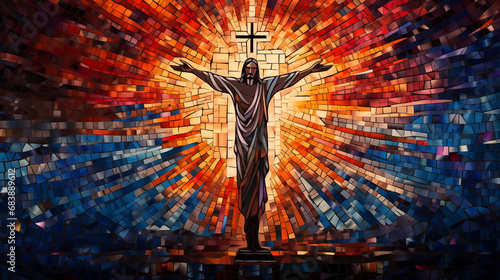 A seamless pattern composed of small, colorful tiles arranged in intricate patterns, creating a mosaic-like effect of a Jesus