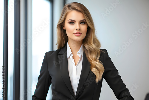 Corporate portrait of confident businesswoman posing in office company indoors smiling, successful senior manager woman girl employer business leader looking at camera