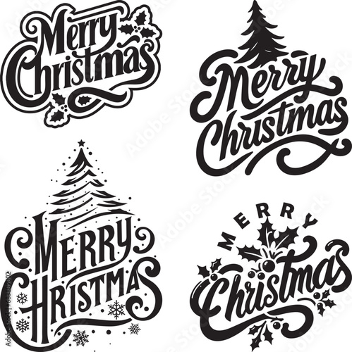 Set of Merry Christmas Font Text Script Vector SVG Bundle with Christmas trees Holly Berry Leaves and Calligraphy fonts art design. 