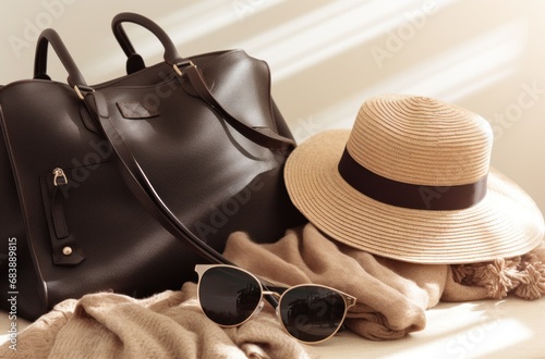 hat, sunnies, bag and sweater sit next to one another