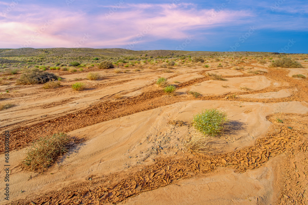 Enjoy a breathtaking sunset in the desert. Witness the Boguty Mountains transform into a masterpiece of vibrant colors. Immerse yourself in a kaleidoscope of reds, oranges and pinks.