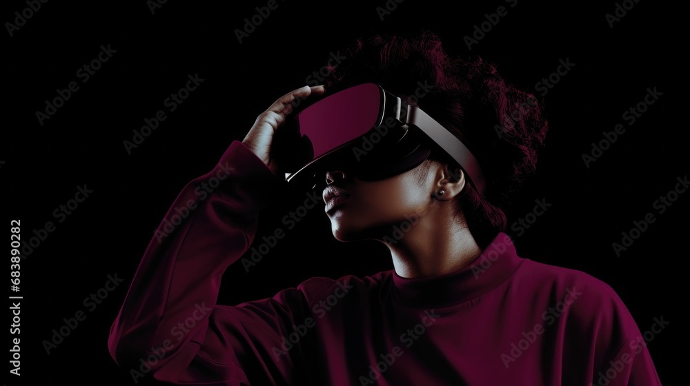 A woman in a vibrant burgundy shirt is wearing a contemporary VR headset, immersed in a virtual reality experience. A woman in a vibrant burgundy shirt is wearing a contemporary VR headset, immersed in a virtual reality experience.