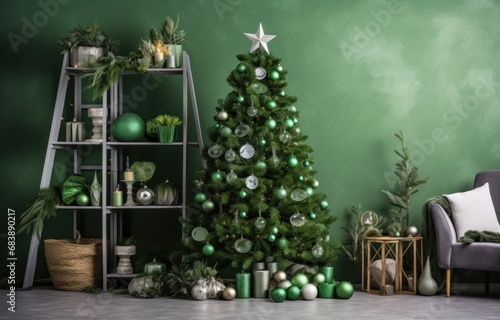 holiday room with green decorations – green christmas tree